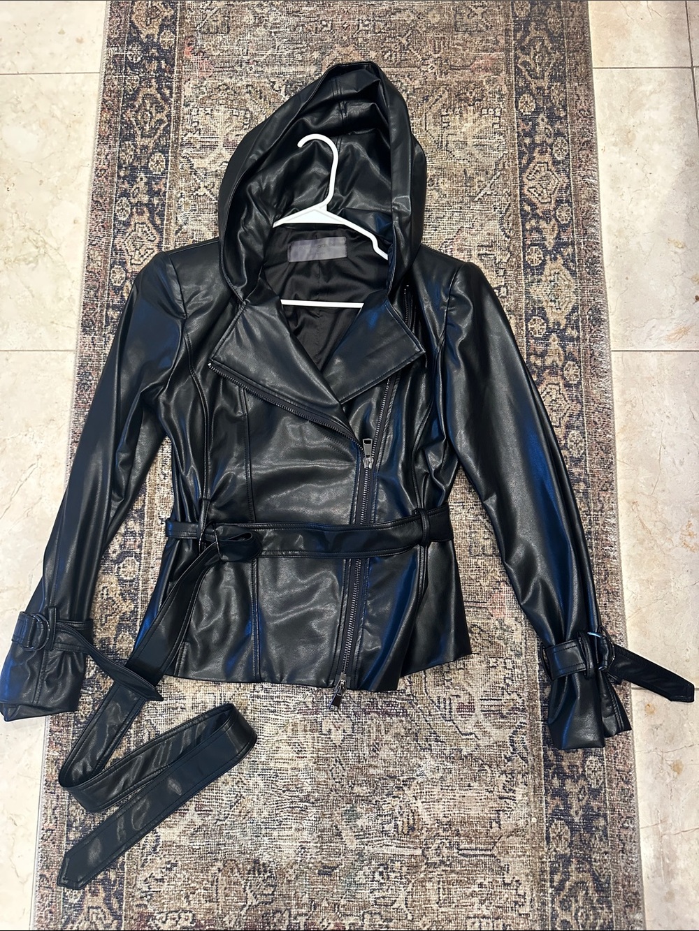 naked wardrobe Black Hooded Faux Leather Belted Jacket -